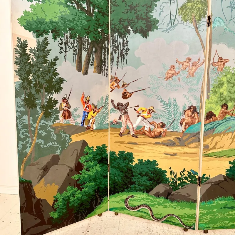 Pamono 20th Century Four Panel Wallpaper Screen from Zuber, 1940s> Room Dividers & Screens