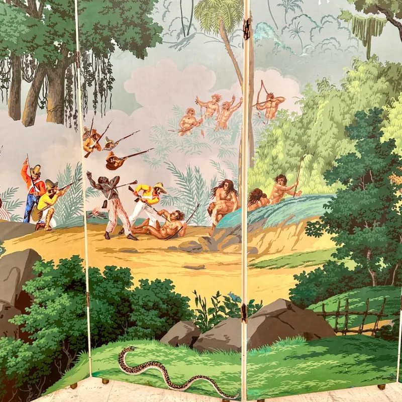 Pamono 20th Century Four Panel Wallpaper Screen from Zuber, 1940s> Room Dividers & Screens