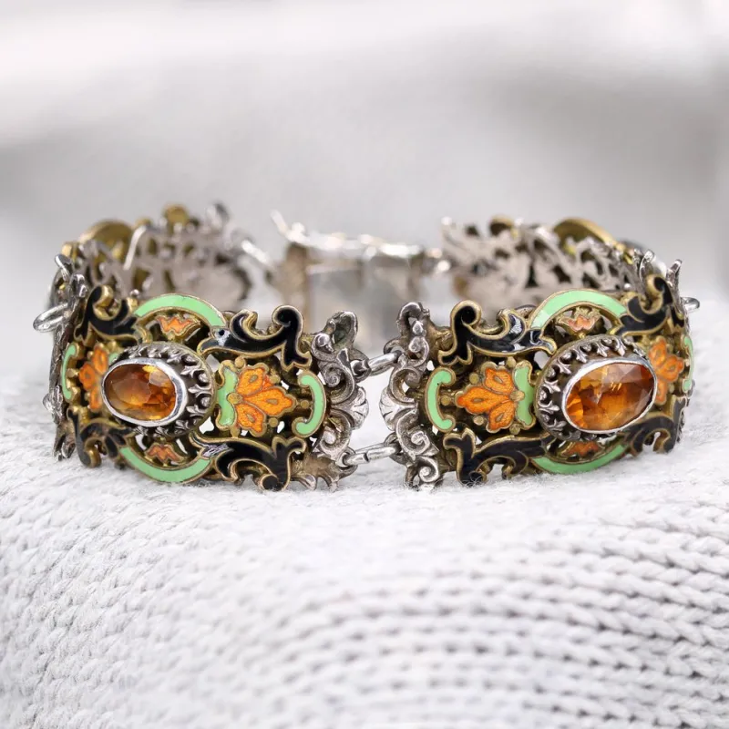 Pamono 19th Century French Citrine Pearl Enamel Silver Bracelet> Bracelets