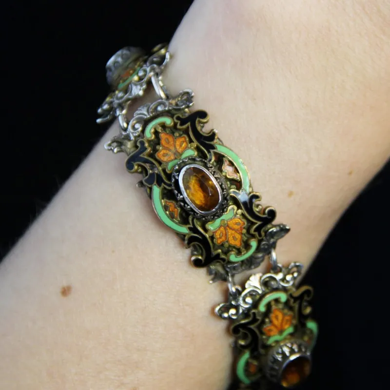 Pamono 19th Century French Citrine Pearl Enamel Silver Bracelet> Bracelets