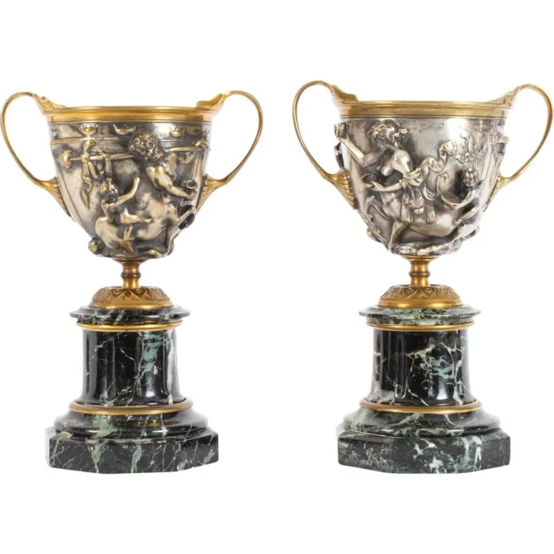 Pamono 19th Century French Grand Tour Silvered Bronze Pedestal Urns, Set of 2