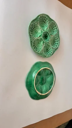 New Pamono 20th Century French Green Majolica Plates from Sarreguemines, Set of 2