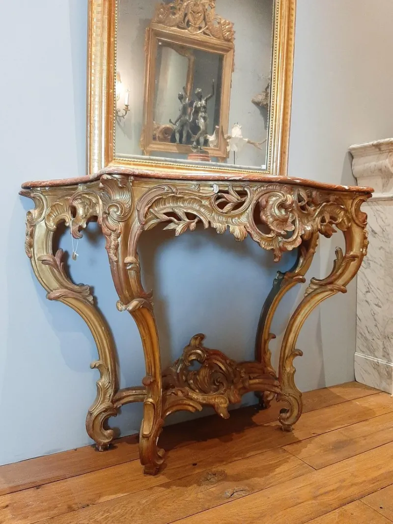 Pamono 19th Century Gilt Wood Rococo Console Table with Red Marble Top> Console Tables