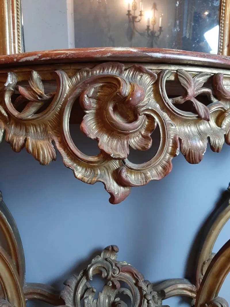 Pamono 19th Century Gilt Wood Rococo Console Table with Red Marble Top> Console Tables