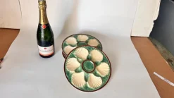 New Pamono 19th Century Green, White & Brown Glaze Majolica Oyster Plates, Set of 4