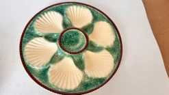 New Pamono 19th Century Green, White & Brown Glaze Majolica Oyster Plates, Set of 4