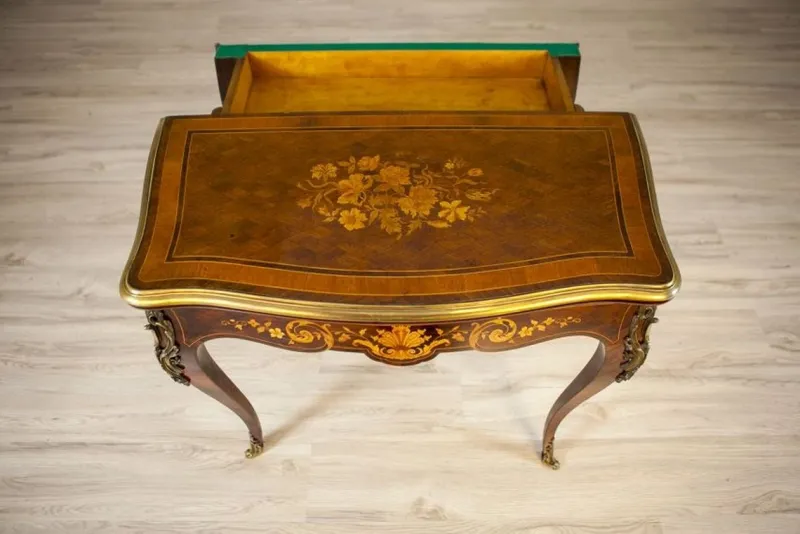 Clearance Pamono 19th Century Inlaid Card Table Lined with Green Fabric