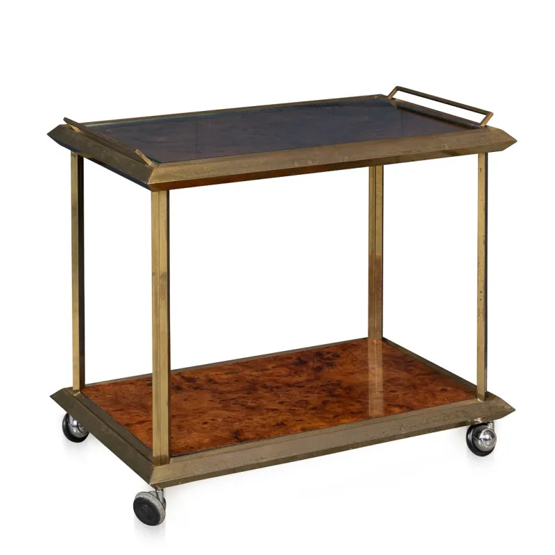 New Pamono 20th Century Italian Brass & Burr Walnut Drinks Trolley, 1970s