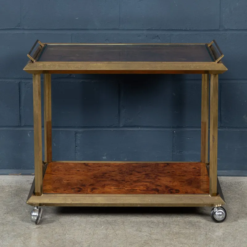 New Pamono 20th Century Italian Brass & Burr Walnut Drinks Trolley, 1970s