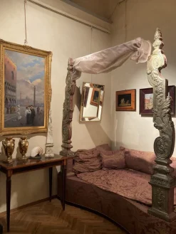 Online Pamono 19th Century Italian Canopy Bed with Silver Friezes and Upholstered Purple Silk