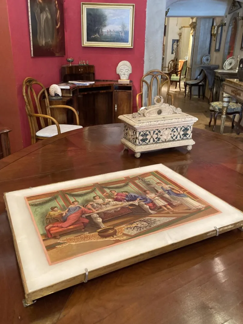 Pamono 19th Century Italian Oil on Alabaster Painting Pompeian Interior Scene in Ormolu> Old Masters