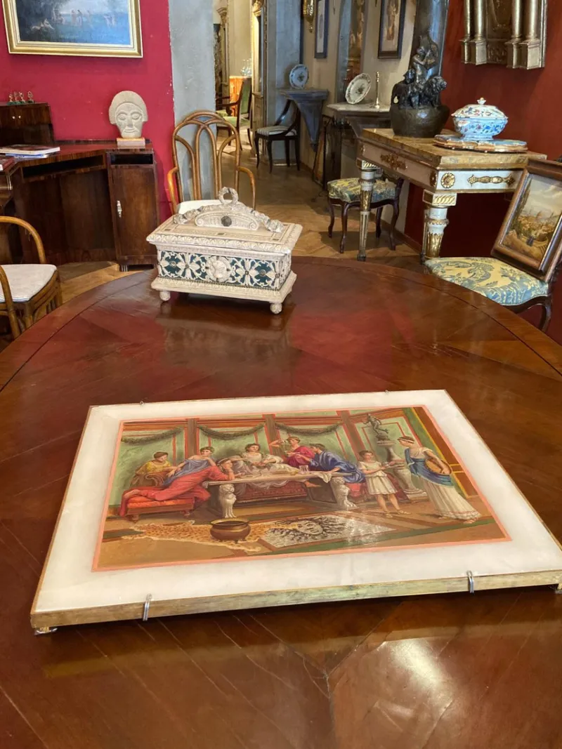 Pamono 19th Century Italian Oil on Alabaster Painting Pompeian Interior Scene in Ormolu> Old Masters