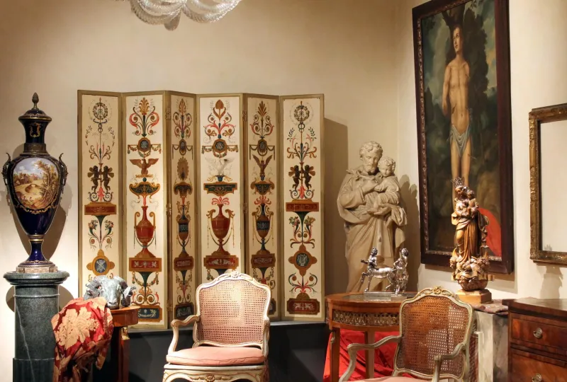Pamono 19th Century Italian Six-Panel Painted Wood Folding Screen in Gilt Bronze Frame