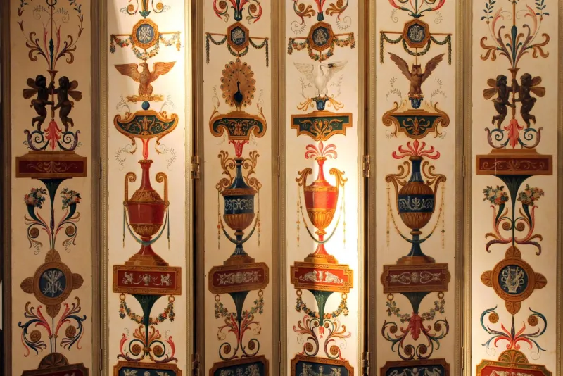 Pamono 19th Century Italian Six-Panel Painted Wood Folding Screen in Gilt Bronze Frame