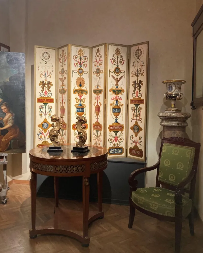 Pamono 19th Century Italian Six-Panel Painted Wood Folding Screen in Gilt Bronze Frame
