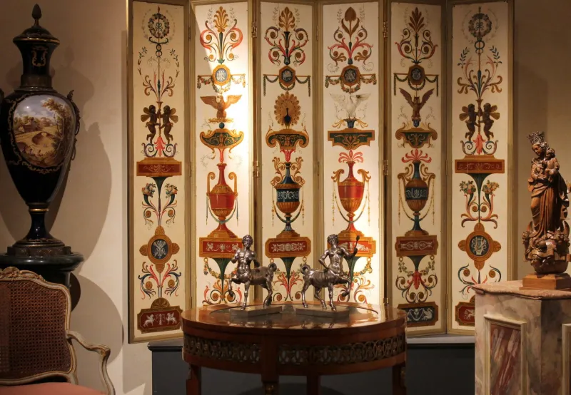 Pamono 19th Century Italian Six-Panel Painted Wood Folding Screen in Gilt Bronze Frame