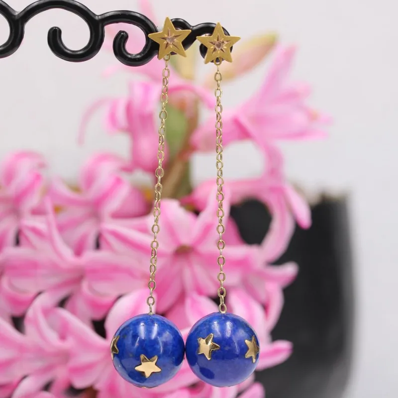 Pamono 20th Century Lapis-Lazuli Ball, Diamond and 18 Karat Yellow Gold Dangle Star Earrings> Earrings