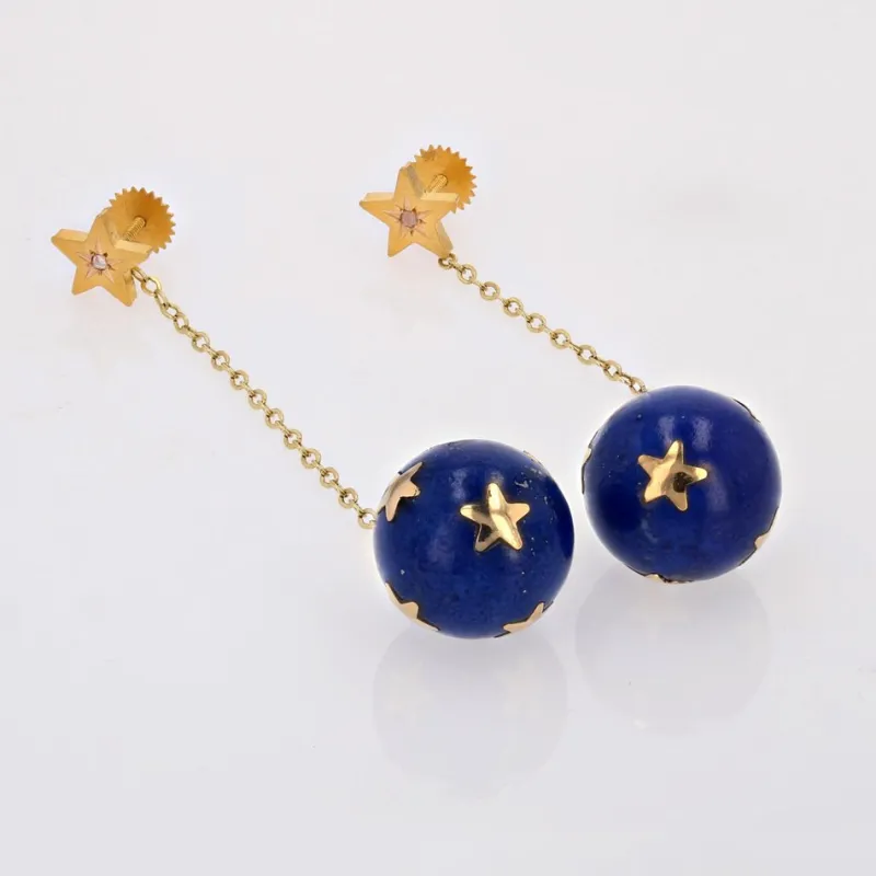 Pamono 20th Century Lapis-Lazuli Ball, Diamond and 18 Karat Yellow Gold Dangle Star Earrings> Earrings