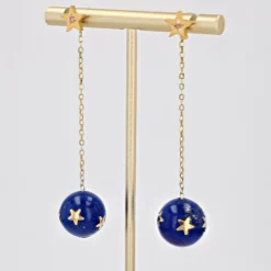 Pamono 20th Century Lapis-Lazuli Ball, Diamond and 18 Karat Yellow Gold Dangle Star Earrings><noscript><img width=