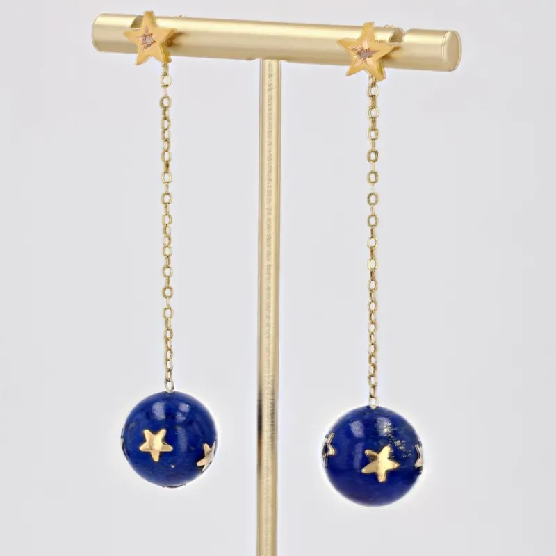 Pamono 20th Century Lapis-Lazuli Ball, Diamond and 18 Karat Yellow Gold Dangle Star Earrings> Earrings