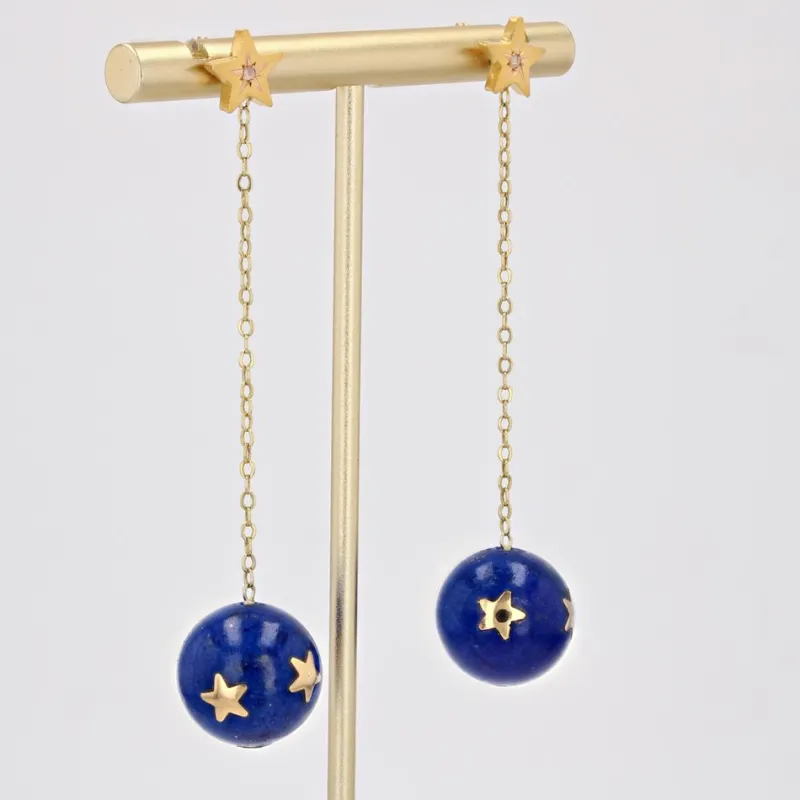 Pamono 20th Century Lapis-Lazuli Ball, Diamond and 18 Karat Yellow Gold Dangle Star Earrings> Earrings