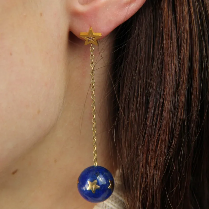 Pamono 20th Century Lapis-Lazuli Ball, Diamond and 18 Karat Yellow Gold Dangle Star Earrings> Earrings