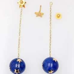 Pamono 20th Century Lapis-Lazuli Ball, Diamond and 18 Karat Yellow Gold Dangle Star Earrings><noscript><img width=