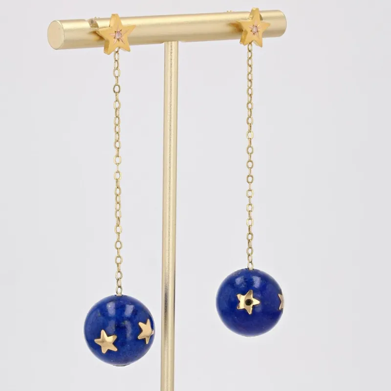 Pamono 20th Century Lapis-Lazuli Ball, Diamond and 18 Karat Yellow Gold Dangle Star Earrings> Earrings