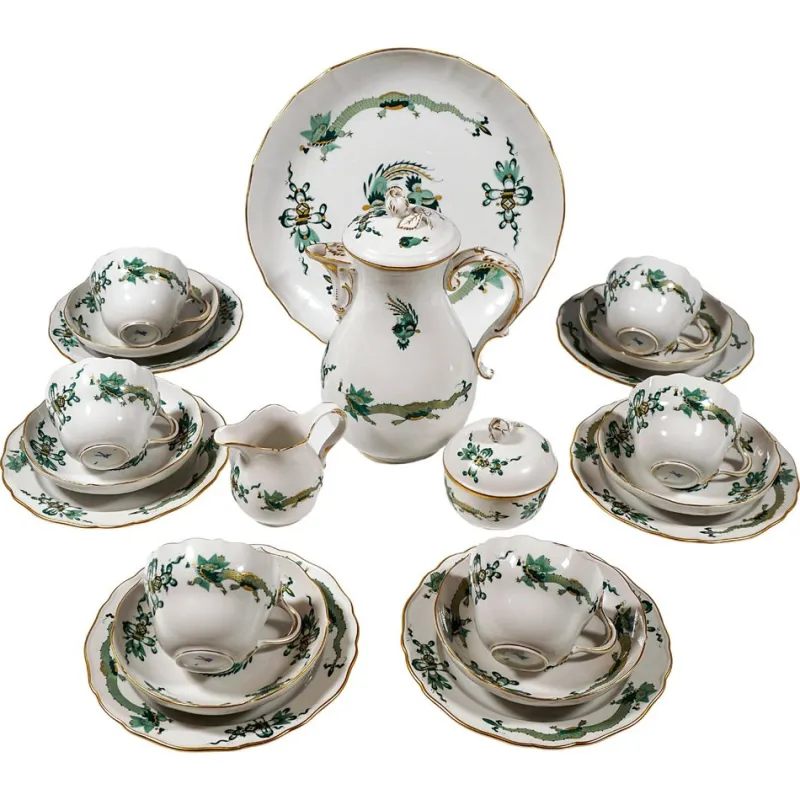 Pamono 20th Century Meissen Coffee Set with Dragon in Green & Gold, 1980s, Set of 22> Coffee & Tea Service