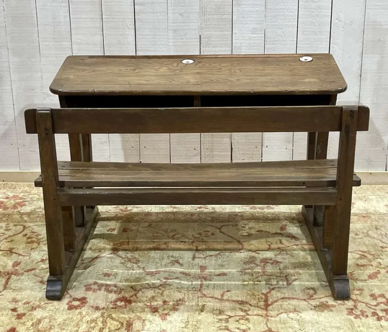 Sale Pamono 20th Century Oak School Desk with Porcelain Inkwells