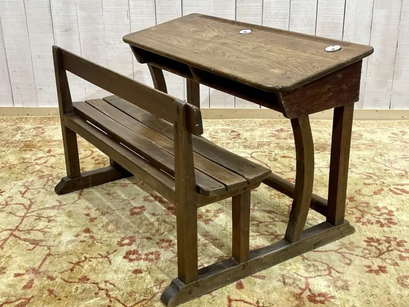Sale Pamono 20th Century Oak School Desk with Porcelain Inkwells