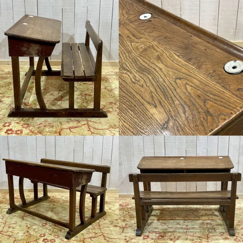 Sale Pamono 20th Century Oak School Desk with Porcelain Inkwells