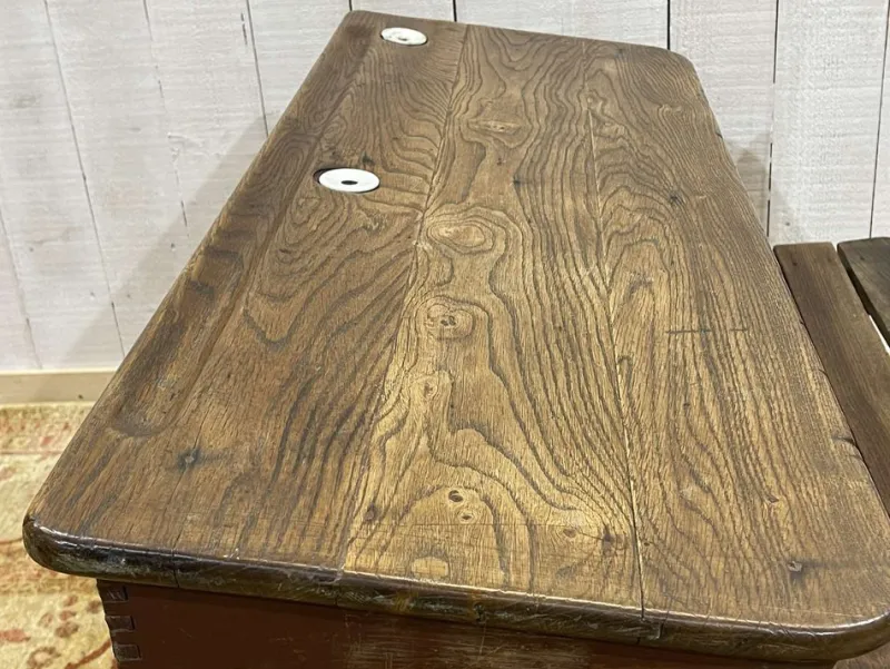 Sale Pamono 20th Century Oak School Desk with Porcelain Inkwells