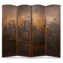 Pamono 20th Century Oil Painted on Leather Room Screen, 1920s> Room Dividers & Screens