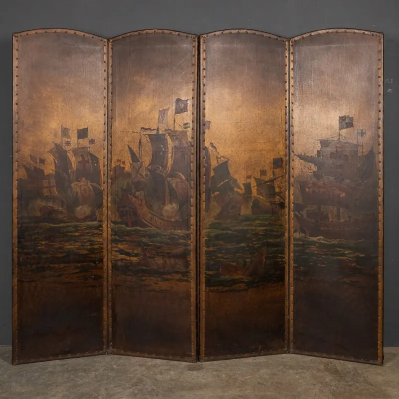 Pamono 20th Century Oil Painted on Leather Room Screen, 1920s> Room Dividers & Screens