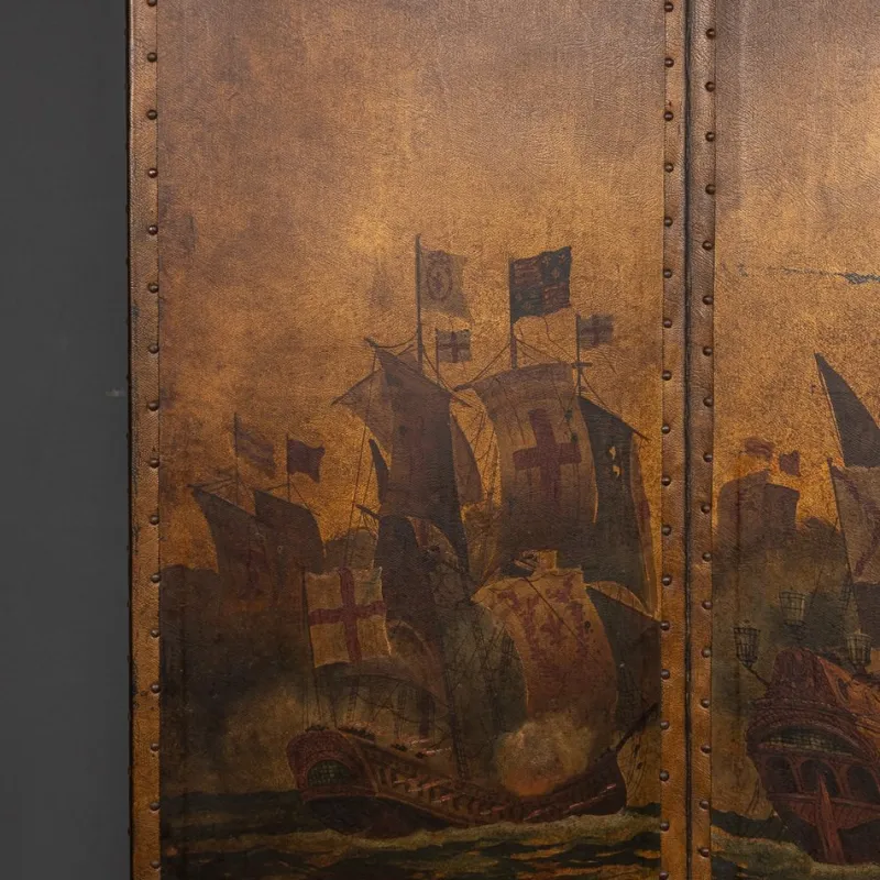 Pamono 20th Century Oil Painted on Leather Room Screen, 1920s> Room Dividers & Screens