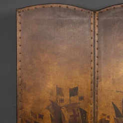 Pamono 20th Century Oil Painted on Leather Room Screen, 1920s><noscript><img width=