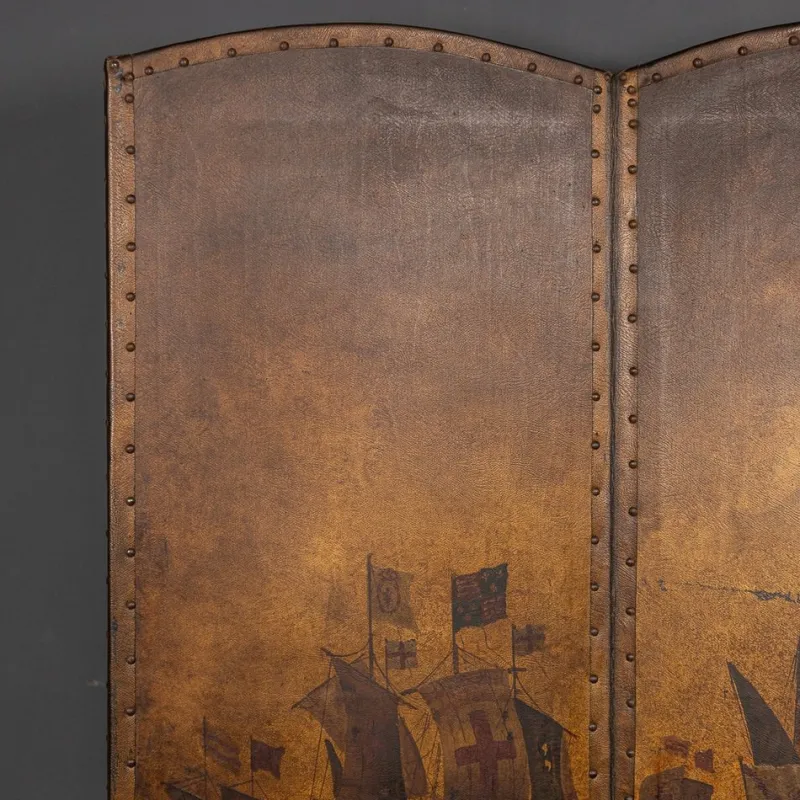Pamono 20th Century Oil Painted on Leather Room Screen, 1920s> Room Dividers & Screens