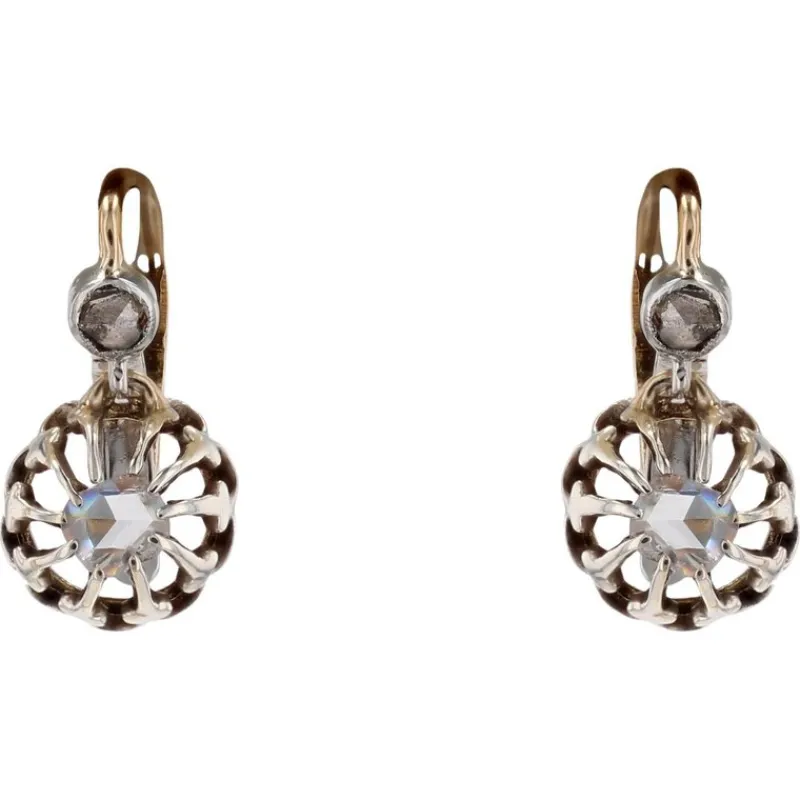 Pamono 20th Century Rose Cut Diamonds 18 Karat Yellow Gold Lever Back Earrings, 1890s, Set of 2