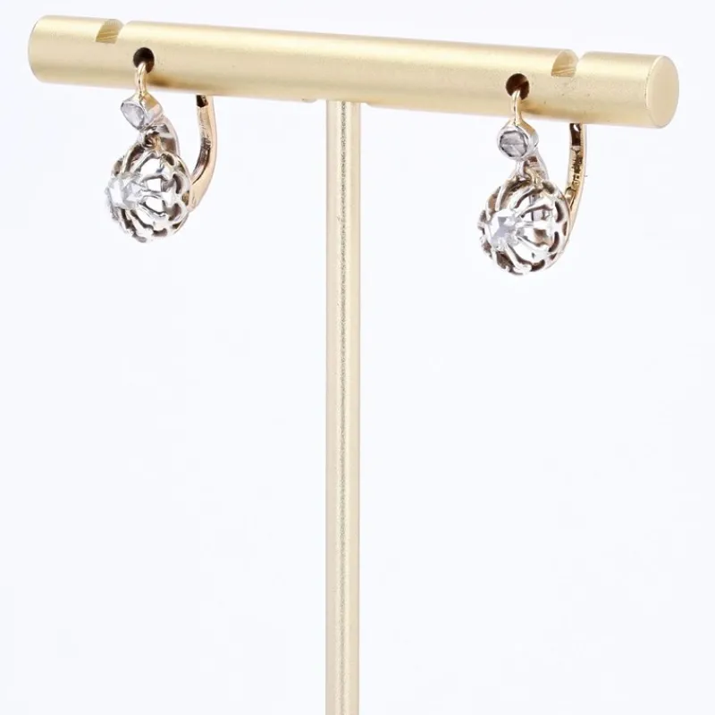 Pamono 20th Century Rose Cut Diamonds 18 Karat Yellow Gold Lever Back Earrings, 1890s, Set of 2