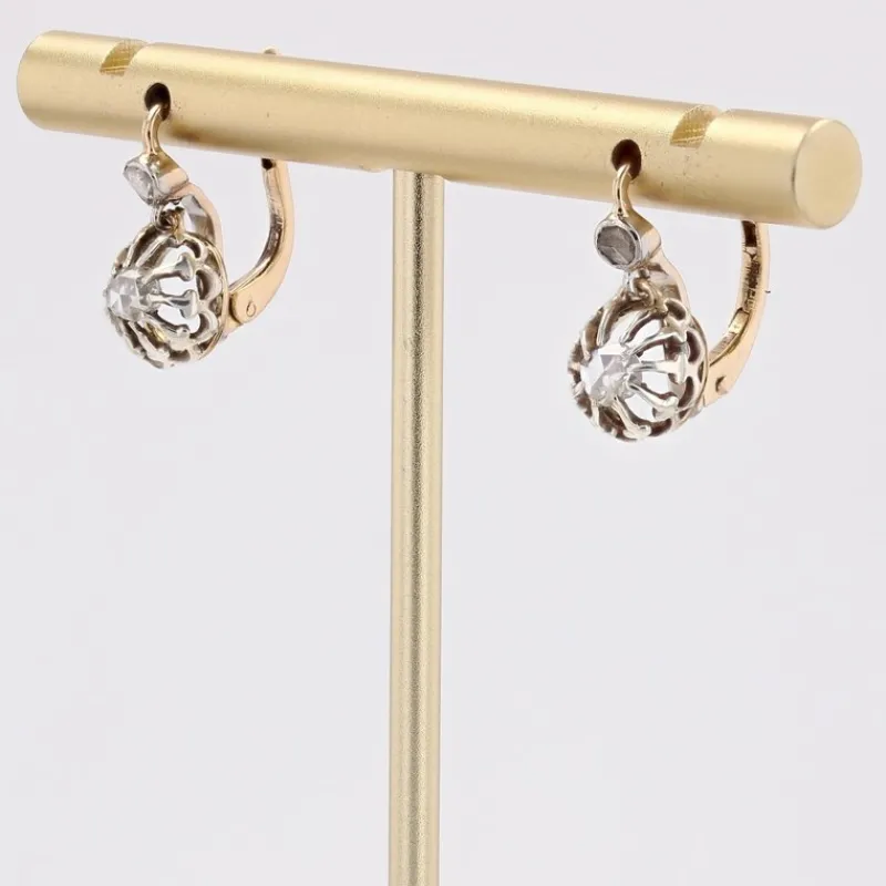 Pamono 20th Century Rose Cut Diamonds 18 Karat Yellow Gold Lever Back Earrings, 1890s, Set of 2