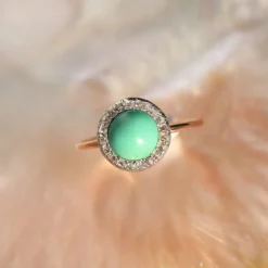New Pamono 20th Century Round Turquoise, Diamonds and 18 Karat Rose Gold Ring