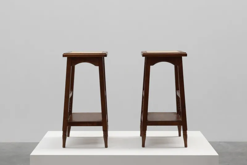 Clearance Pamono 20th Century Rustic Wooden Side Tables with Ceramic Tile Top, France, 1940s, Set of 2