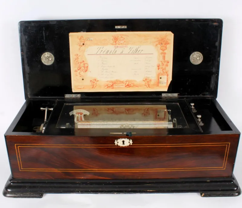 Pamono 19th Century Swiss 8 Air Gonçalo Alves Musical Box> Trunks Crates & Baskets
