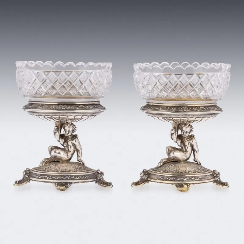 Pamono 19th Century Victorian Silver & Glass Figural Salts from Elkington, 1896, Set of 2> Salt & Pepper Shakers