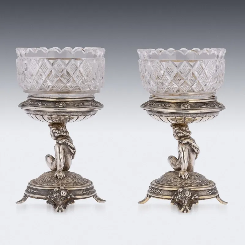 Pamono 19th Century Victorian Silver & Glass Figural Salts from Elkington, 1896, Set of 2> Salt & Pepper Shakers