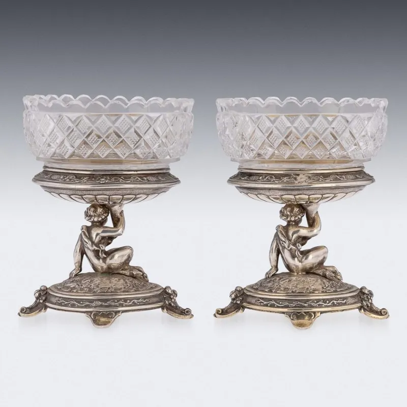 Pamono 19th Century Victorian Silver & Glass Figural Salts from Elkington, 1896, Set of 2> Salt & Pepper Shakers