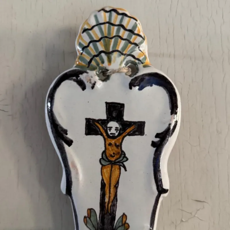 Discount Pamono 18th Century Wall-Mounted Holy Water Font in Polychrome Earthenware by by Mario Bellini from the Nevers Factory, 1970