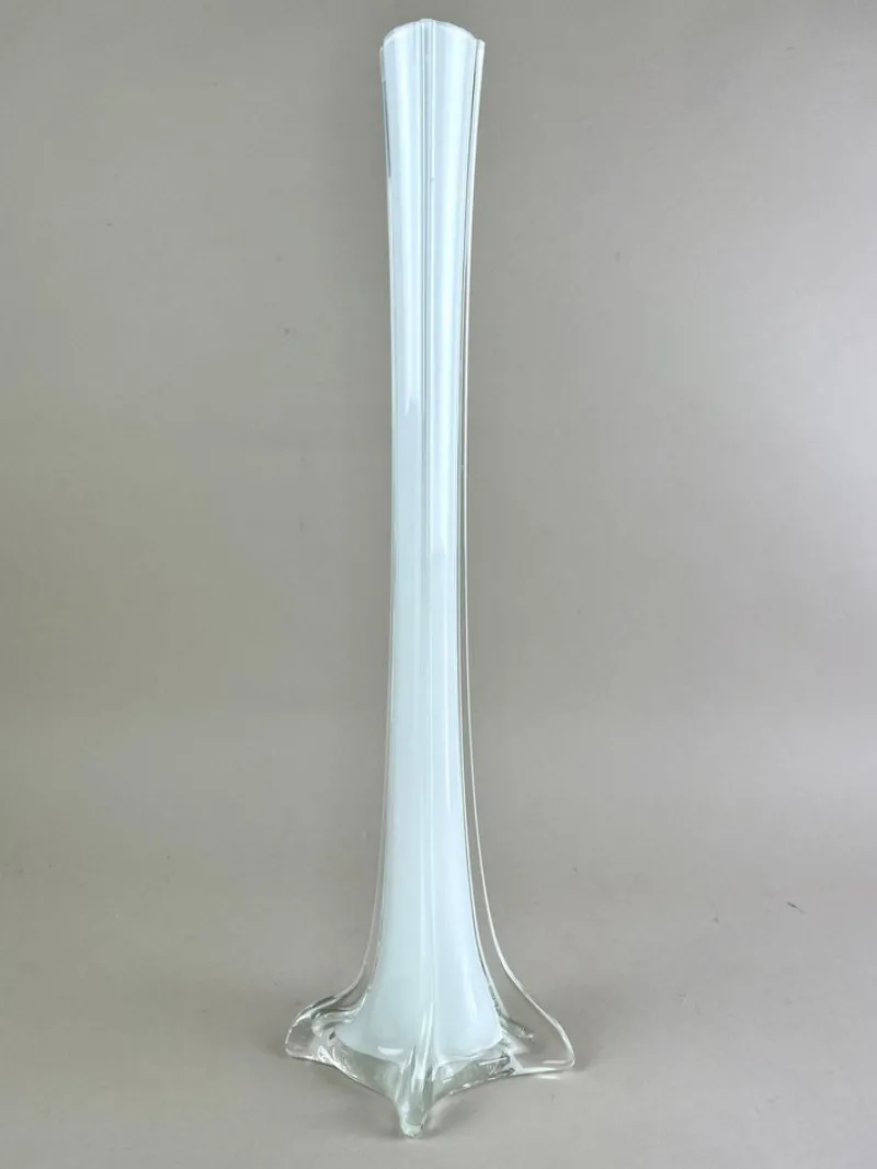 Pamono 20th Century White and Clear Murano Glass Long Neck Vase, Italy, 1960s> Vases