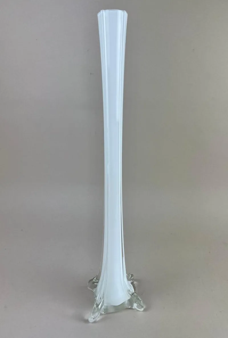 Pamono 20th Century White and Clear Murano Glass Long Neck Vase, Italy, 1960s> Vases